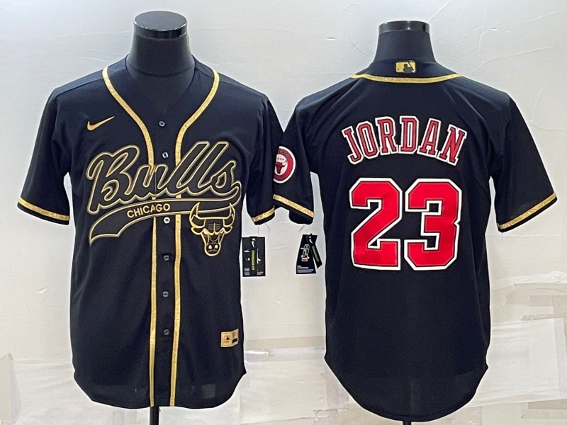 Men's Chicago Bulls #23 Michael Jordan Black Gold With Patch Cool Base Stitched Baseball Jersey - Click Image to Close